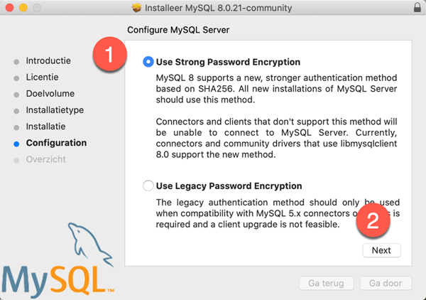 macOS MySQL Community Server Installatie dialoogvenster Strong Password Encryption